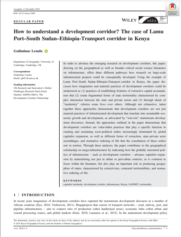 How to understand a development corridor? The case of Lamu Port–South Sudan–Ethiopia-Transport corridor in Kenya